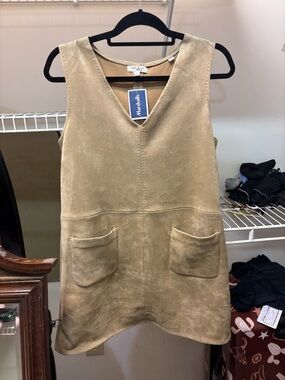 Max Studio Tan Suede V-Neck Pinafore Mini Dress